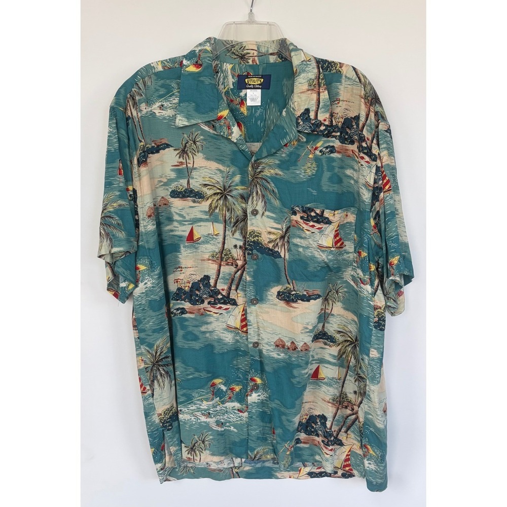 Utility Quality Clothing Mens Large Teal Tropical Island Rayon Hawaiian Shirt L